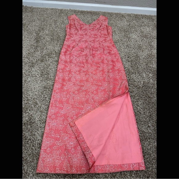 60s Pink & Silver Lurex Column Sheath Maxi Dress Mod Floral Pinup Bodycon L XL - Picture 12 of 12